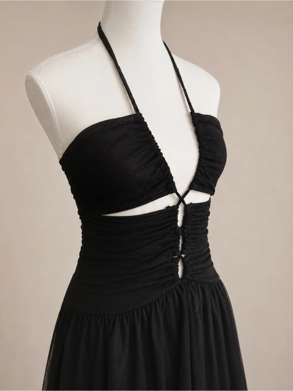 Black Halter Cutout Ruched Skater Mini Dress Lace Trim - Picture 2 of 7